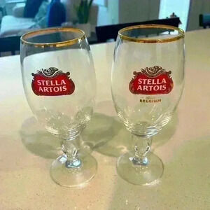 Stella Artois Original Belgium Gold Rimmed Beer Glass Chalice 33CL Set Of 2